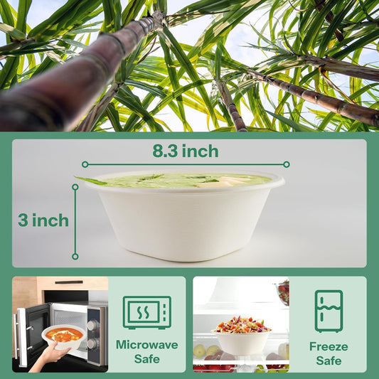 Homestockplus Large Disposable Bowls 48 Oz Heavy Duty Compostable Paper Bowls [100 Pack], Extra Large Catering Bowls for Restaurants, Salad, Buffet, Eco-Friendly Microwave Safe (White)