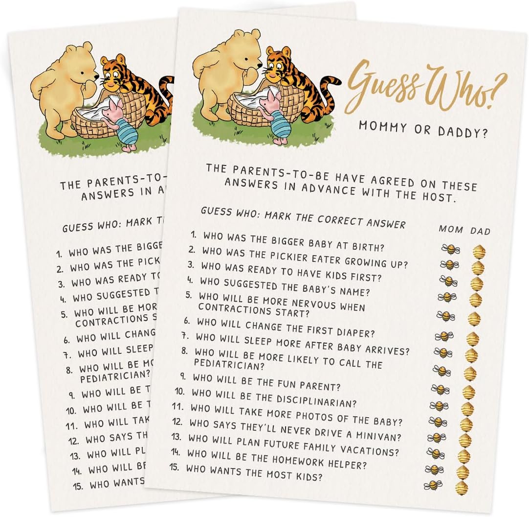 Printed Party Winnie Baby Shower Game Set – 4 Games with Classic Pooh Theme for 30 Guests, Includes Bingo, Mommy-to-be Trivia, Storybook Icon Guessing, and Guess Who, Bear Theme for Boy or Girl