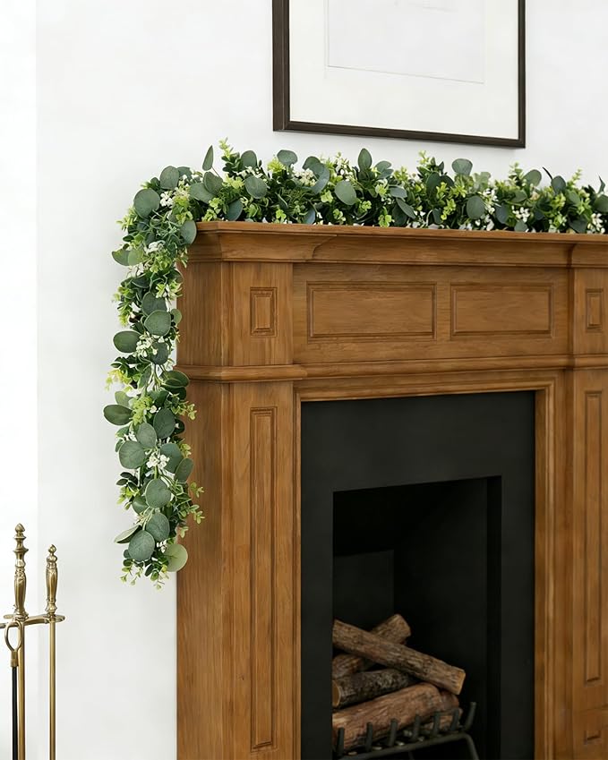Vlorart 6ft Eucalyptus Garland with Boxwood and White Florals, Mixed Greenery Eucalyptus Garland for Wedding Arch, Backdrop, Table, Mantel and Home Decor