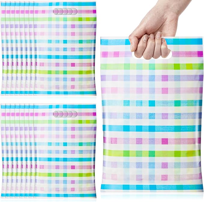 Epakh 100 Pcs Easter Checkered Gift Bags Bulk Plastic Goody Bags with Handles Pastel Rainbow Color Plaid Candy Gift Bag for Easter Baby Shower Spring Birthday Ice Cream Party Supplies