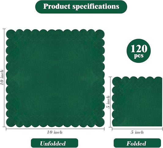 120 Pcs Dark Green Scalloped Cocktail Napkins,2-Ply Dark Green Disposable Beverage Party Napkins for Dinner Wedding Birthday Baby Shower