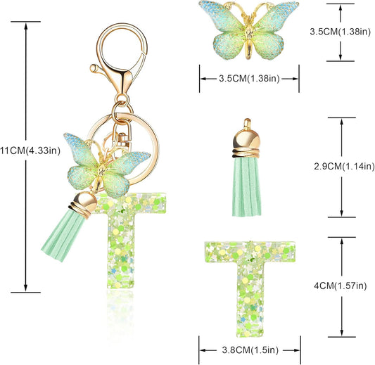 Fashion Alphabet Initial Letter Keychain Tassel Butterfly Pendant Key Ring for Purse Handbags Women Girl