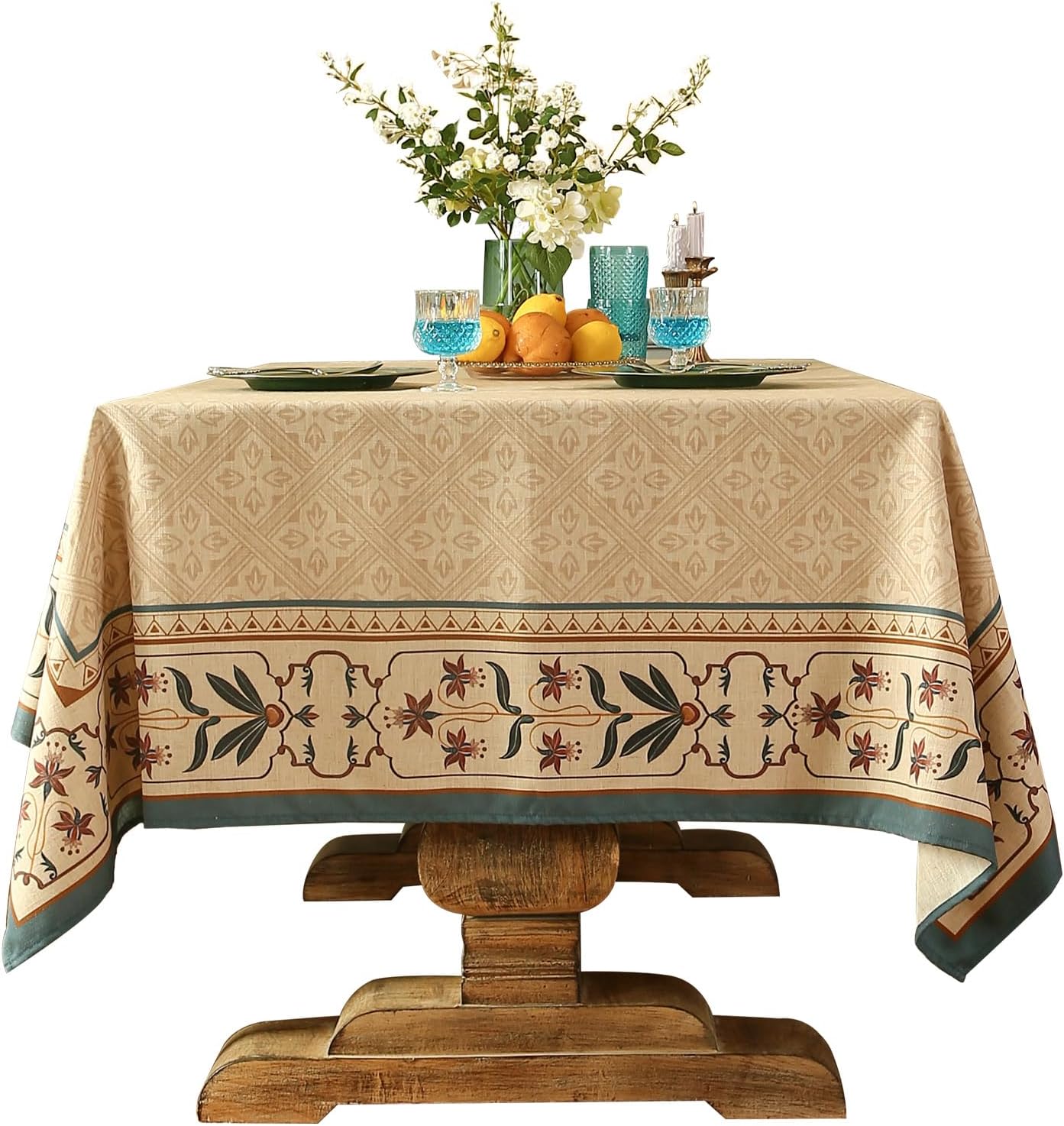 patdrea Designer French Rectangular Tablecloth,Beige Anti-Wrinkle Durable Floral Farmhouse Table Cloth,Decor Tables Covers for Kitchen Dining,Tea Party,Christmas,Thanksgiving,55"x79"-Fram