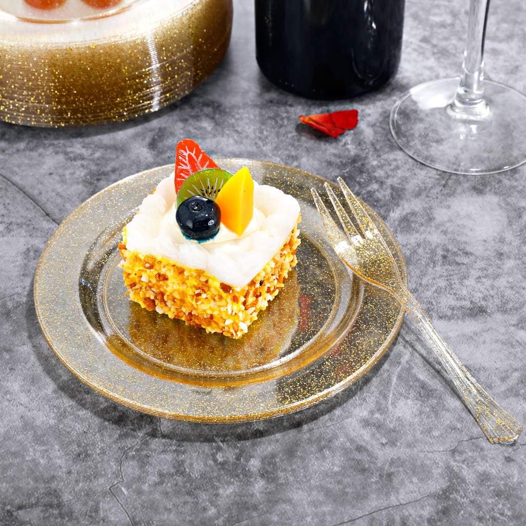 WELLIFE 120 Guests Gold Glitter Plastic Plates and Dessert Forks, 6.5 inch Disposable Dessert Plates, Durable Plastic Small Forks, Perfect for Catering, Parties &Weddings, regular