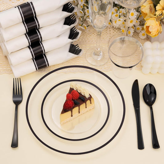 175PCS Clear and Black Disposable Plates Set for 25 Guests, 50 Plastic Plates, 25 Cups, 25 Pre-Rolled Napkins with Plastic Cutlery for Party, Birthday, Wedding, Thanksgiving, Christmas