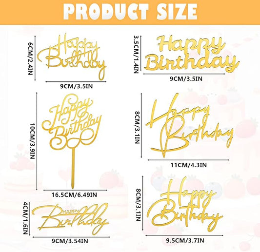 6Styles Gold Happy Birthday Cake Topper, Mirror Acrylic Happy Birthday Sign for Cake Side Decoration Plaque, Glitter Gold Happy Birthday Sign Cake Topper Set for Cake Party Decorating Supplies
