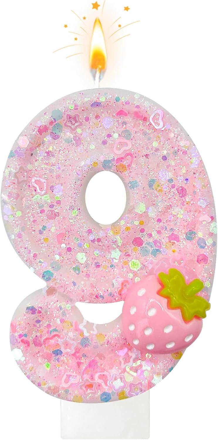 HXOUSE Strawberry Number 9 Birthday Candles - Pink Berry Birthday Candles for Cake, 9 Candle Topper for Anniversary Celebrations Supplies, Strawberry Party Decorations for Girl (No.9)