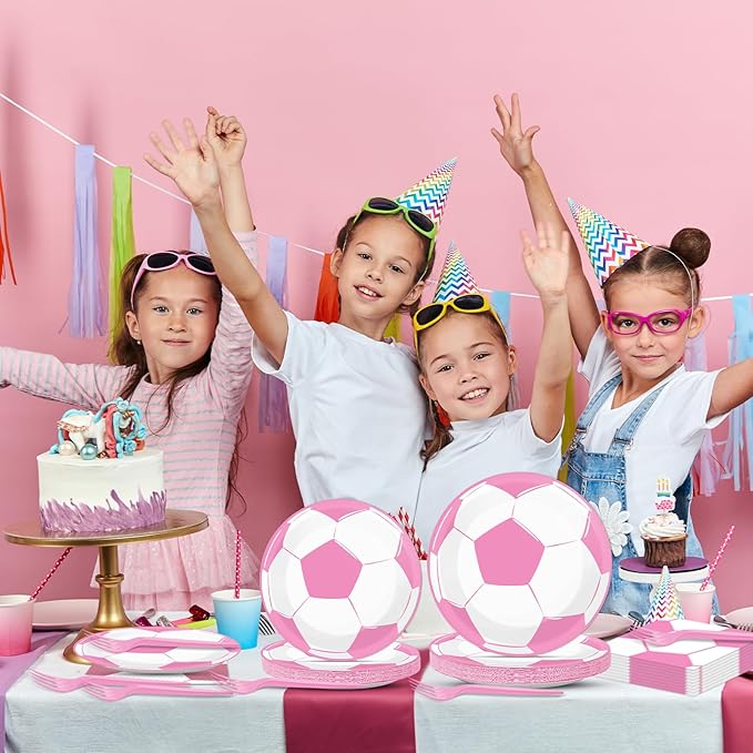 OBUSATT 96Pcs Pink Soccer Party Supplies - Birthday Paper Plates, Napkins, Decorations, Dinnerware, Party Favors, Serves 24