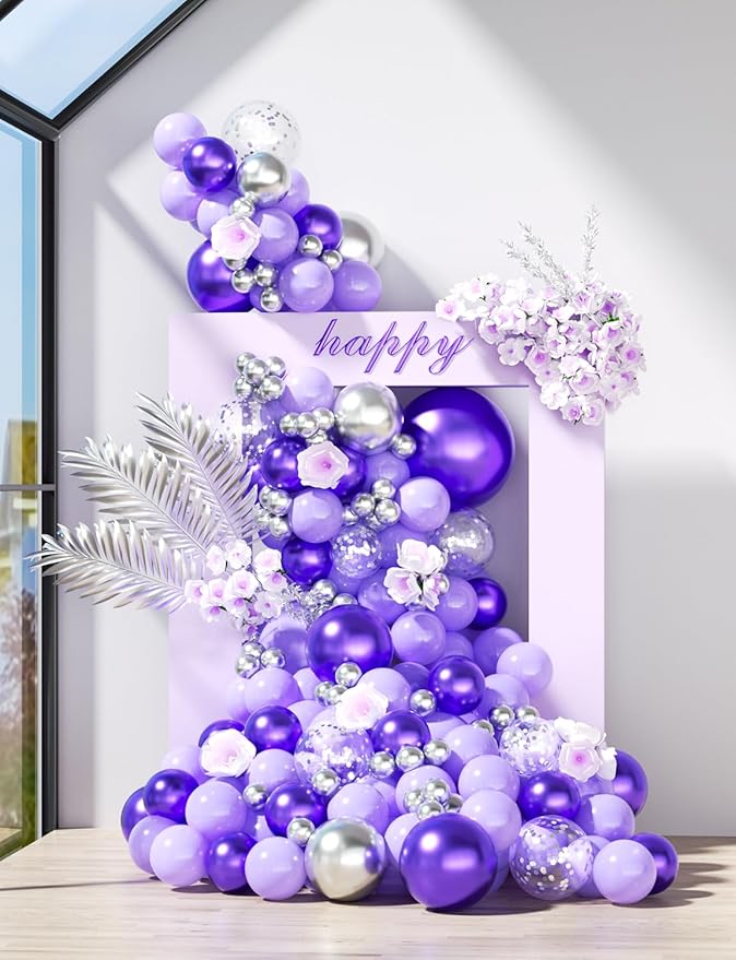 Purple and Silver Balloons,12 Inch 60pcs Pastel Purple Balloon with Silver Confetti Balloon,Lavender Balloons for Mother's Day Birthday Baby Shower Graduation Wedding Party Decorations