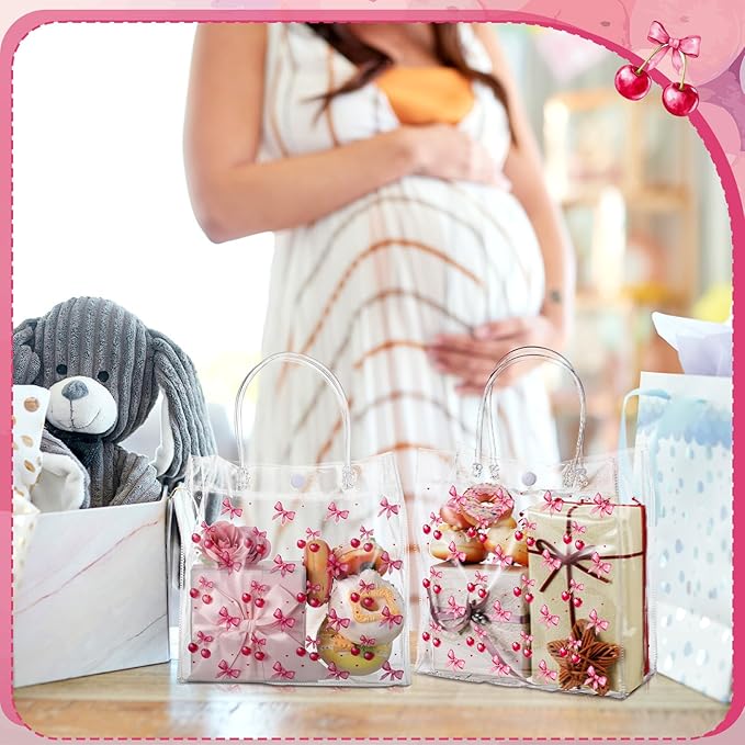 Tioncy 24 Pcs Cherry Party Favor Bags Pink Bow Red Cherries Clear PVC Gift Bags with Handles Candy Treat Basket for Little Cutie Baby Shower Decorations Wedding Birthday Summer Party Supplies