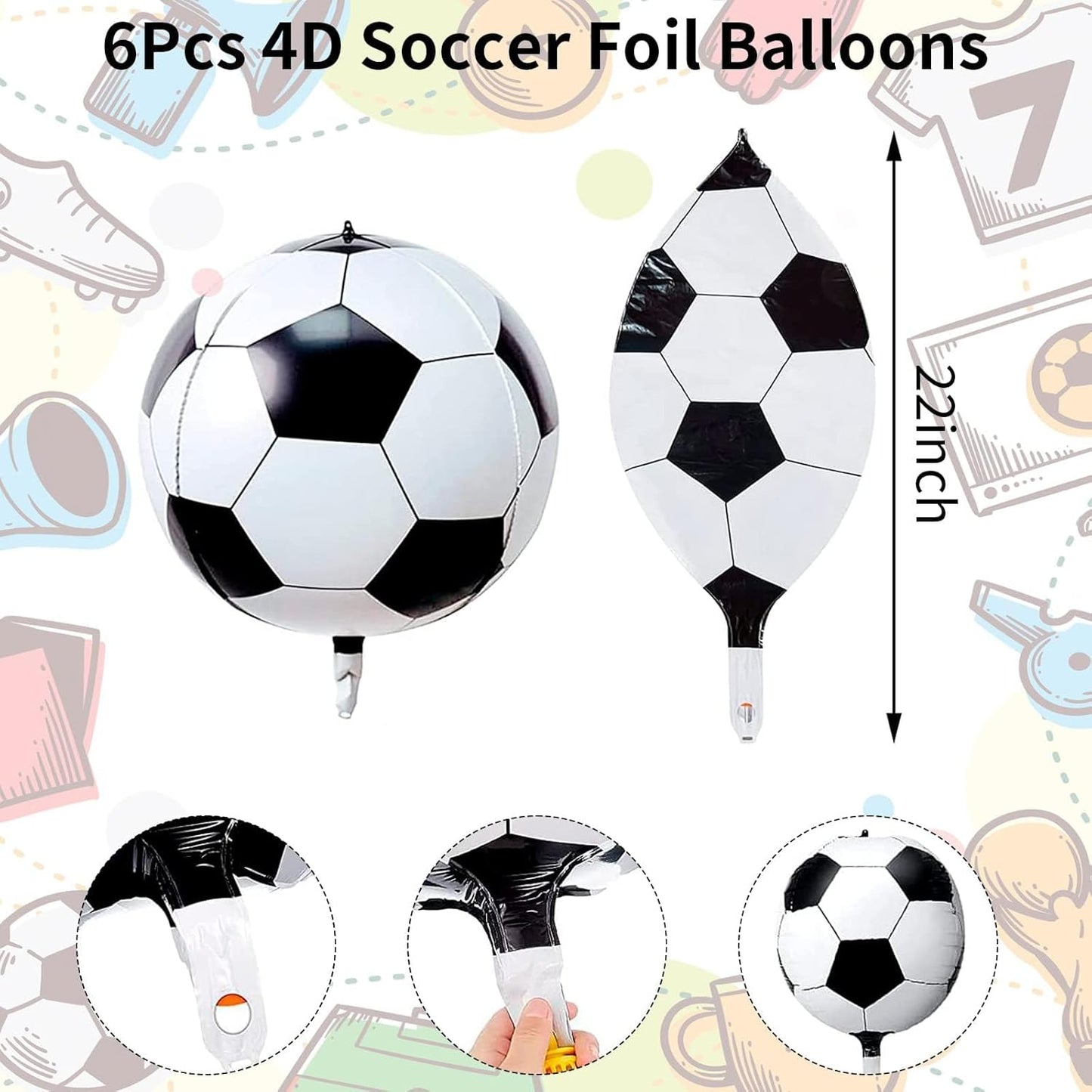 22 Inch 4D Soccer Foil Balloons, 6Pcs Soccer Party Decorations Football Shape Mylar Foil Balloons Sport Decor for Boys Kids Soccer Ball Fans Theme Birthday Party Decorations Supplies