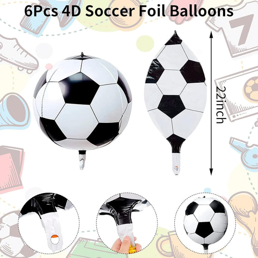 22 Inch 4D Soccer Foil Balloons, 6Pcs Soccer Party Decorations Football Shape Mylar Foil Balloons Sport Decor for Boys Kids Soccer Ball Fans Theme Birthday Party Decorations Supplies