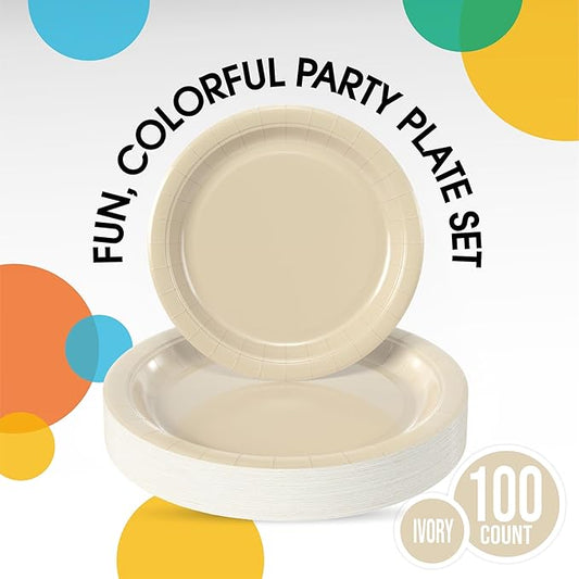 Exquisite Ivory Paper Plates Disposable Heavy Duty 100 Pcs - 50-7" & 50-9" Ivory Disposable Plates For Party Heavy Duty Paper Plate 350 GSM Birthday Party Supplies Plate Set