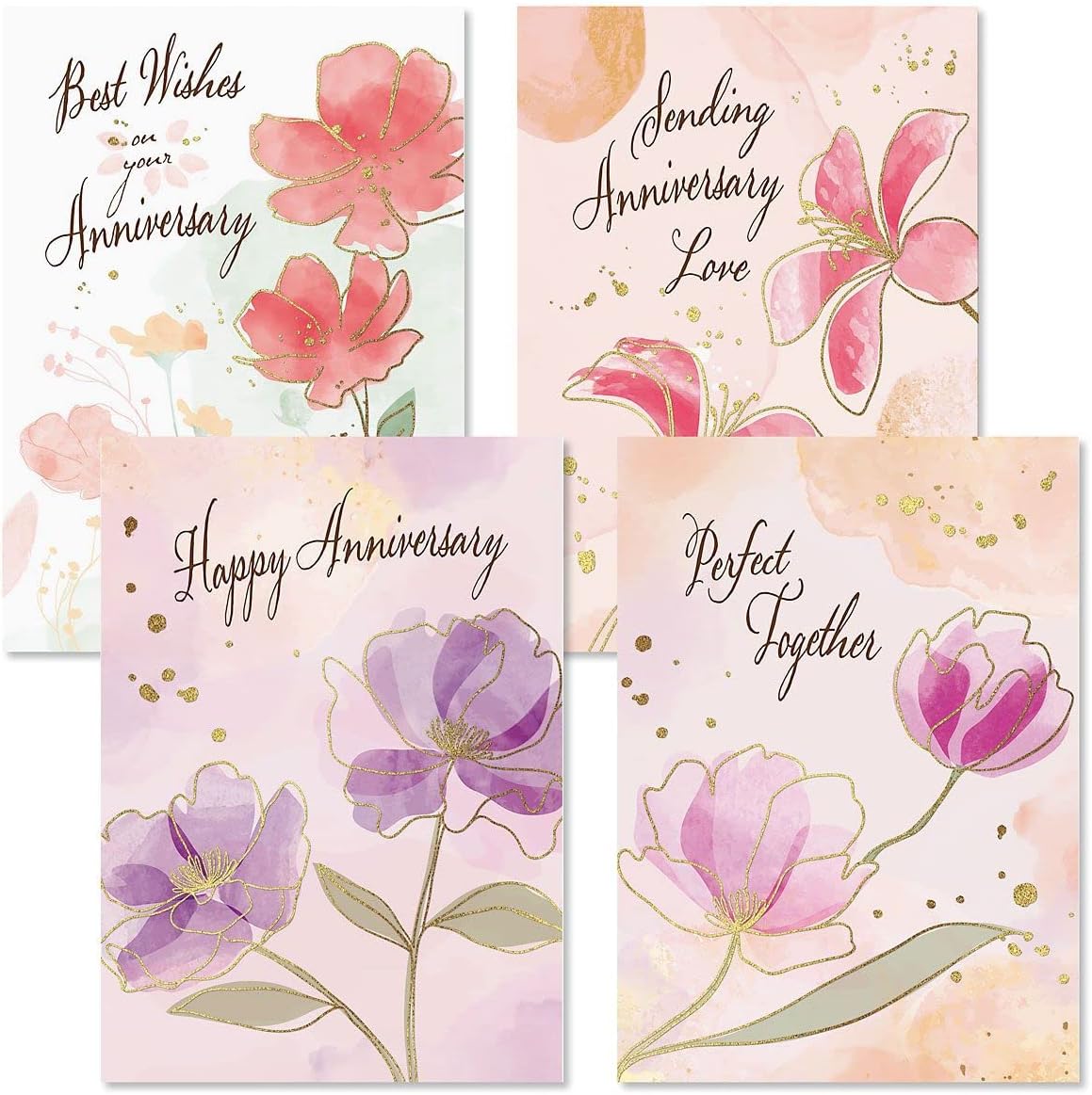 Floral Pairs Deluxe Anniversary Greeting Cards - Set of 8 (4 Designs), 5 x 7 Inches, Sentiments Inside