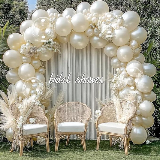 Pearl Sand White Balloon Arch Double Stuffed White Ivory Cream Beige Balloon Garland Kit Different Sizes 12/10/5in With Clear Bobo Balloons for Birthday Wedding Bridal Baby Shower Baptism Party Decor