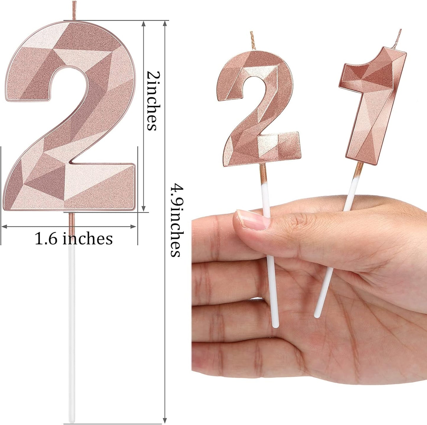 Nuanchu 21st &12th Number Birthday Candles 3D Diamond Shape Numeral Candles Happy Birthday 21 Cake Topper for Wedding Decoration Theme Party Anniversary, 2 Inch (Rose Gold)