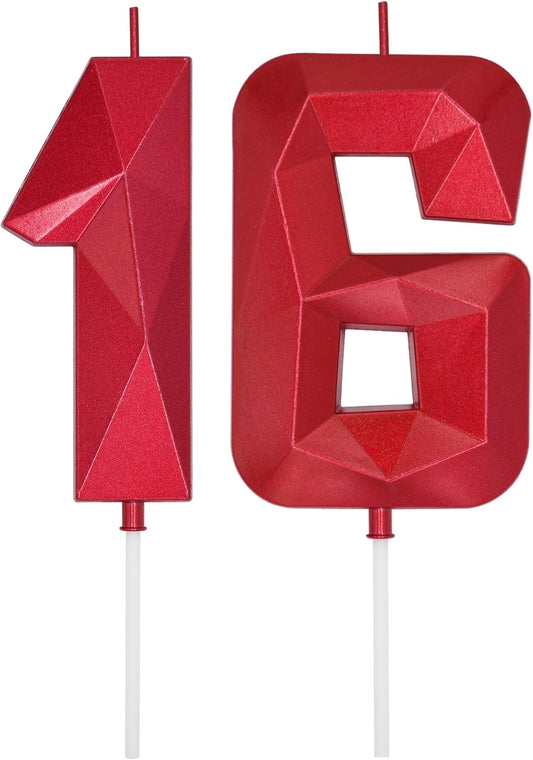 DERVENTA Birthday Candles Big Numbers 3D Red 3.7 inch Party Cake Topper 1 Piece (Number 16 Red)
