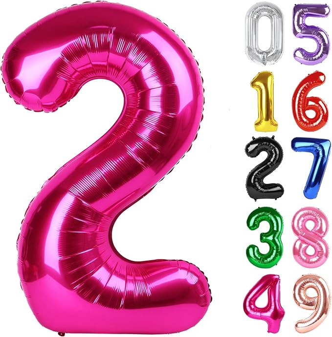 Hot Pink Number 2 Balloon 40 Inch, 2nd Birthday Decoration for Toddlers Girls Boys, Sparkling 2 Number Balloon Party Decor