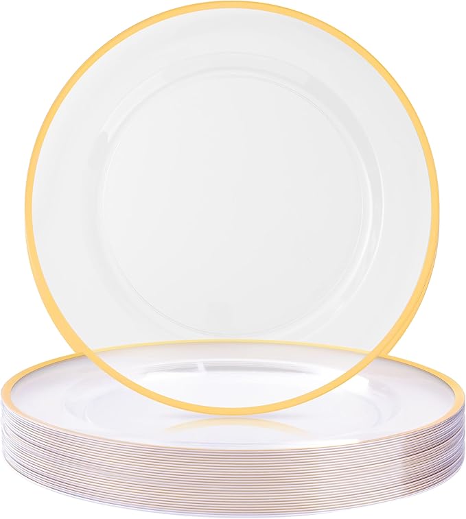 BESTSTAR 12 Inch Disposable Decor Charger Plates, 25 Pack Plastic Clear Plates with Gold Rim, Perfect Table Decor for Party, Wedding, Dinner