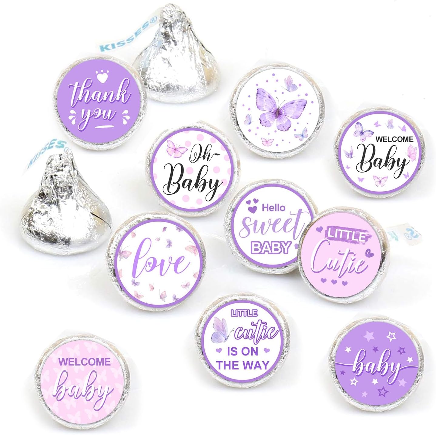 Butterfly Kisses Baby Shower Game Set - Guess How Many Kisses, 50 Cards, Standing Sign, 180 Stickers
