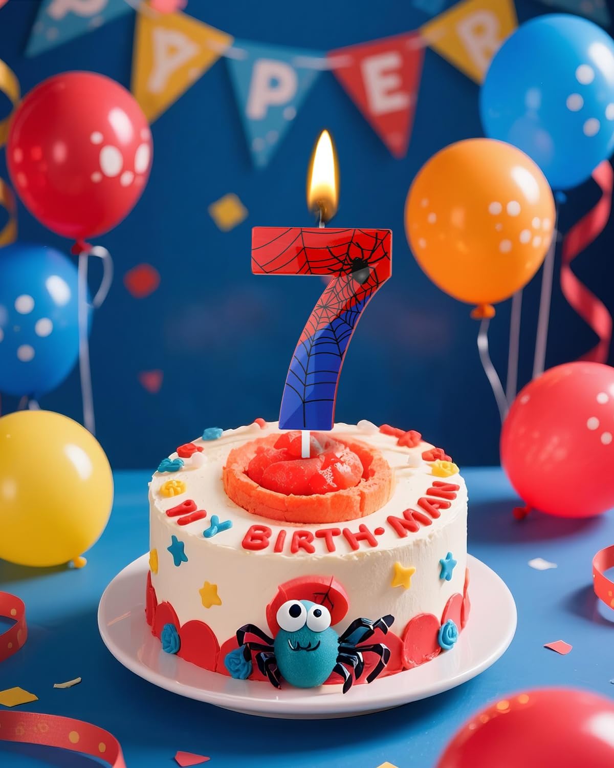 Number 7 Spider Themed Birthday Candle, 2.68 Inch Red Blue Spider Birthday Candles, Number Candles Birthday Cake Toppers Web Candles for Boy Girl Spider Party Decoration Supplies Halloween Party