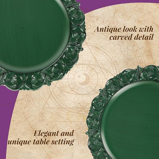 Gifturbo 6 Pcs Green Charger Plates, 13 Inch Round Chargers for Dinner Plates with Vintage Embossed Rim, Antique Plastic Plate Chargers for Christmas Party, Table Setting, Wedding