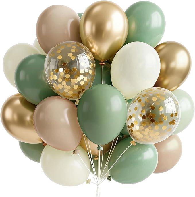 PartyWoo Sage Green Balloons 65pcs 12 Inch Metallic Gold Sand White Light Brown Gold Confetti Balloons for Baby Shower Wedding Engagement Jungle Woodland Forest Birthday Party Decorations