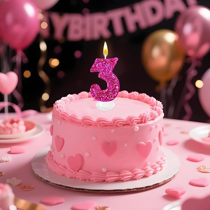 Zailo Birthday Number Candles, Glitter Number Candle Cake Decorations with Sequins, Cupcake Decorations for Girls, Women, Party Anniversary Celebrations (Number 3, Bright red)