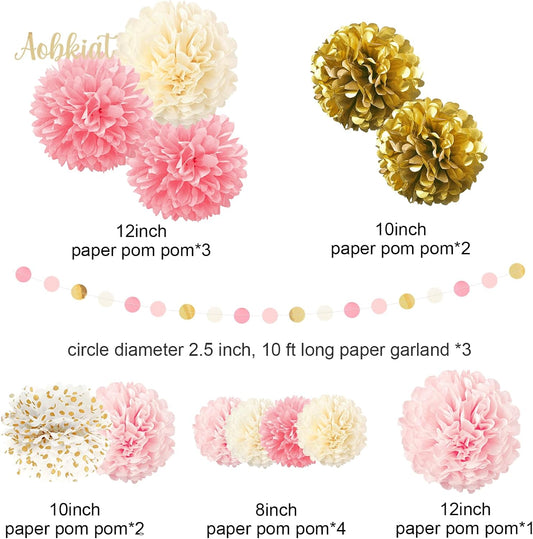 AOBKIAT Wedding Baby Shower Decorations Set,15PCS Pink Gold Tissue Paper Pom Poms,Circle Dots Colorful Paper Garland String Hanging Backdrop for Birthday Party,Gender Reveal Celebration Decor