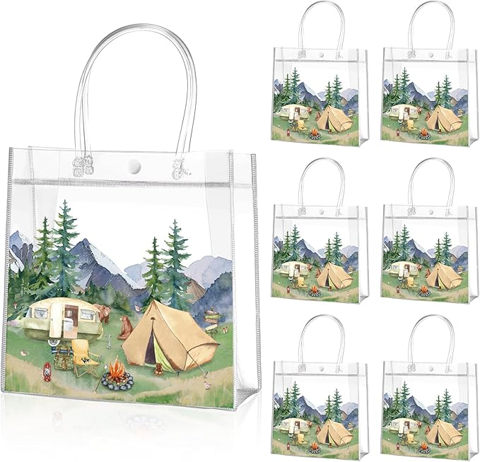 Aliceset Camping Themed Party Favor Bags Camping Themed Treat Goodies Happy Camper Party Bags for Birthday Adventure Baby Shower Supplies Gift Candy Snack Wrapping, 8x8x3.15 inch