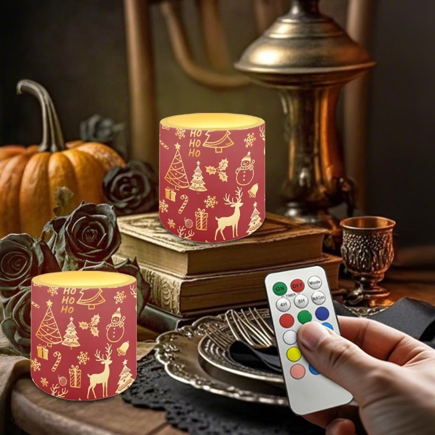 Poceacles 4 PCS Christmas Flameless LED Candles with Remote Timer Fake Flickering Flame LED Candle Night Lights for Bedroom Home Living Room Decor, Snowman Reindeer Ho Print Gold Red