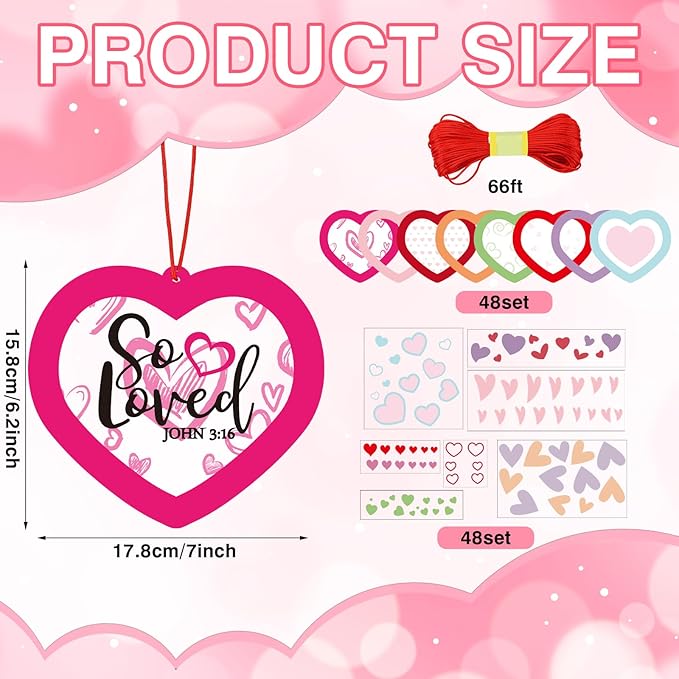 Frienda 48 Set Christian Valentines Crafts Religious Valentine's Day Craft Kit with Sticker DIY Christian Religious Hanging Ornament Make Your Own Sunday School Home Decor for Party Favors Activities
