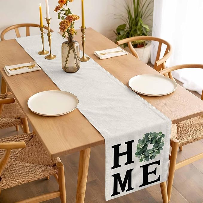 Home Green Eucalyptus Leaves Garland Table Runner 90 Inches Long Cotton Linen Dresser Scarves for Kitchen Daily Use Family Dinners Party Gathering Home Decor Retro Linen Table Runners