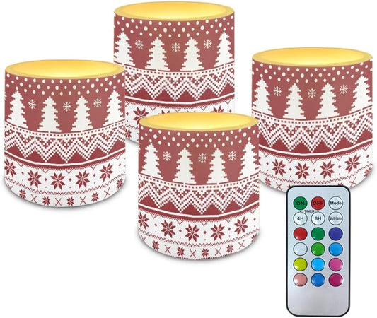 Poceacles 4 Pack Christmas LED Flameless Candles Battery Operated with Remote Timer Holiday Party Events Tea Lights with 12 Colors Options for Home Decor, Christmas Tree Snowflake Print Red White