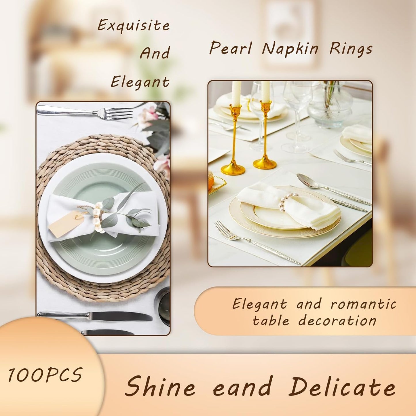 DaMohony 100pcs Pearl Napkin Rings, Golden Elastic Stretched Serviette Rings Buckle, Imitation Serviette Beaded Napkin Rings for Wedding Party Dining Table Decor
