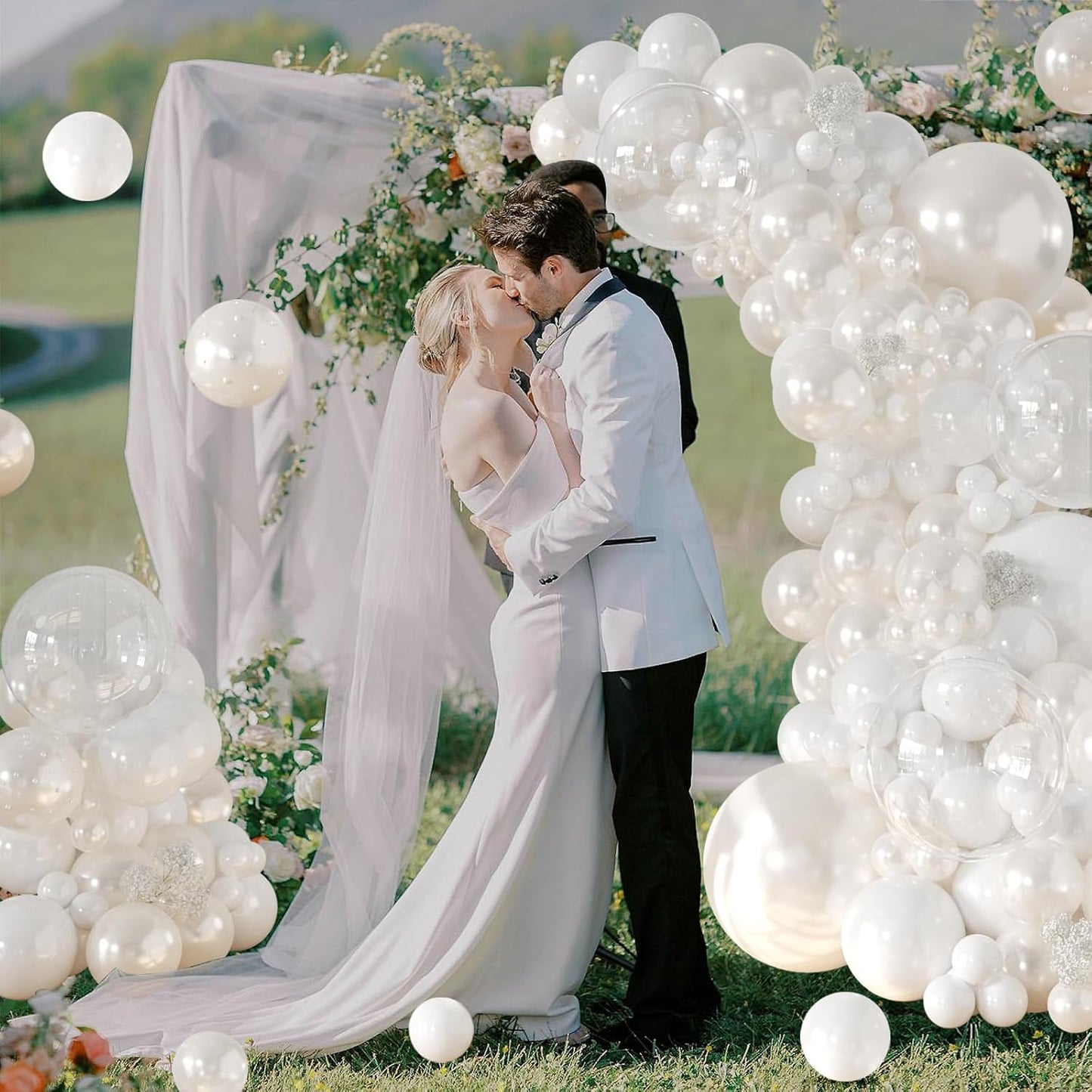 CROSSFINGERS Pearl White Balloon Garland Arch Kit, Double Stuffed 189pcs White Balloons with Pearl Stickers for Birthday Wedding Baby Shower Bridal Shower Engagement Party Decorations