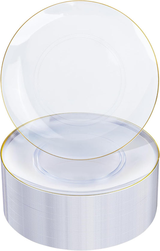 Nervure 100 Pieces Clear and Gold Plastic Plates - 10.25inch Gold Dinner Plate - Heavyweight Clear Disposable Plates Ideal for Party & Wedding & Thanksgiving