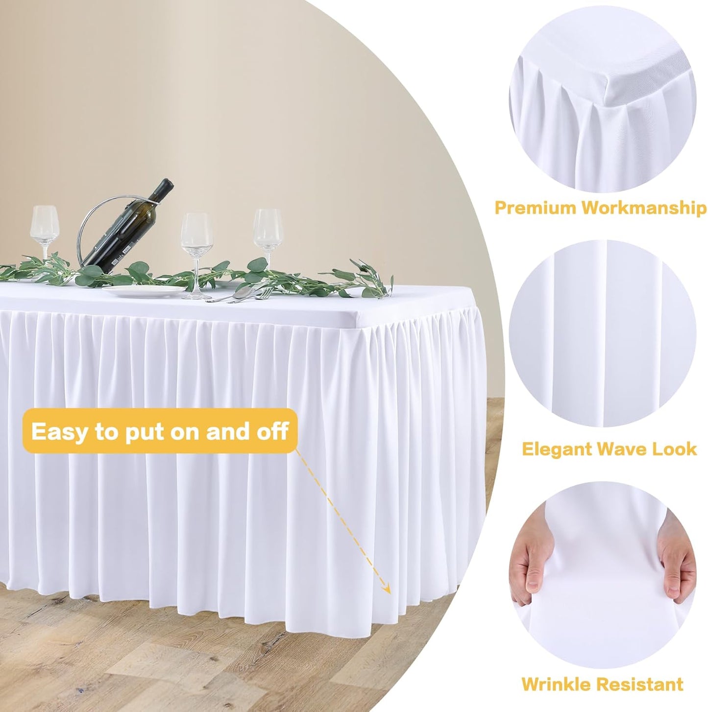 3 Pack White Polyester Table Clothes for 6 Foot Rectangle Tables, Wrinkle Free Fitted Table Cover with Pleated Ruffle Table Skirt for Birthday Party Wedding Trade Show Event Display