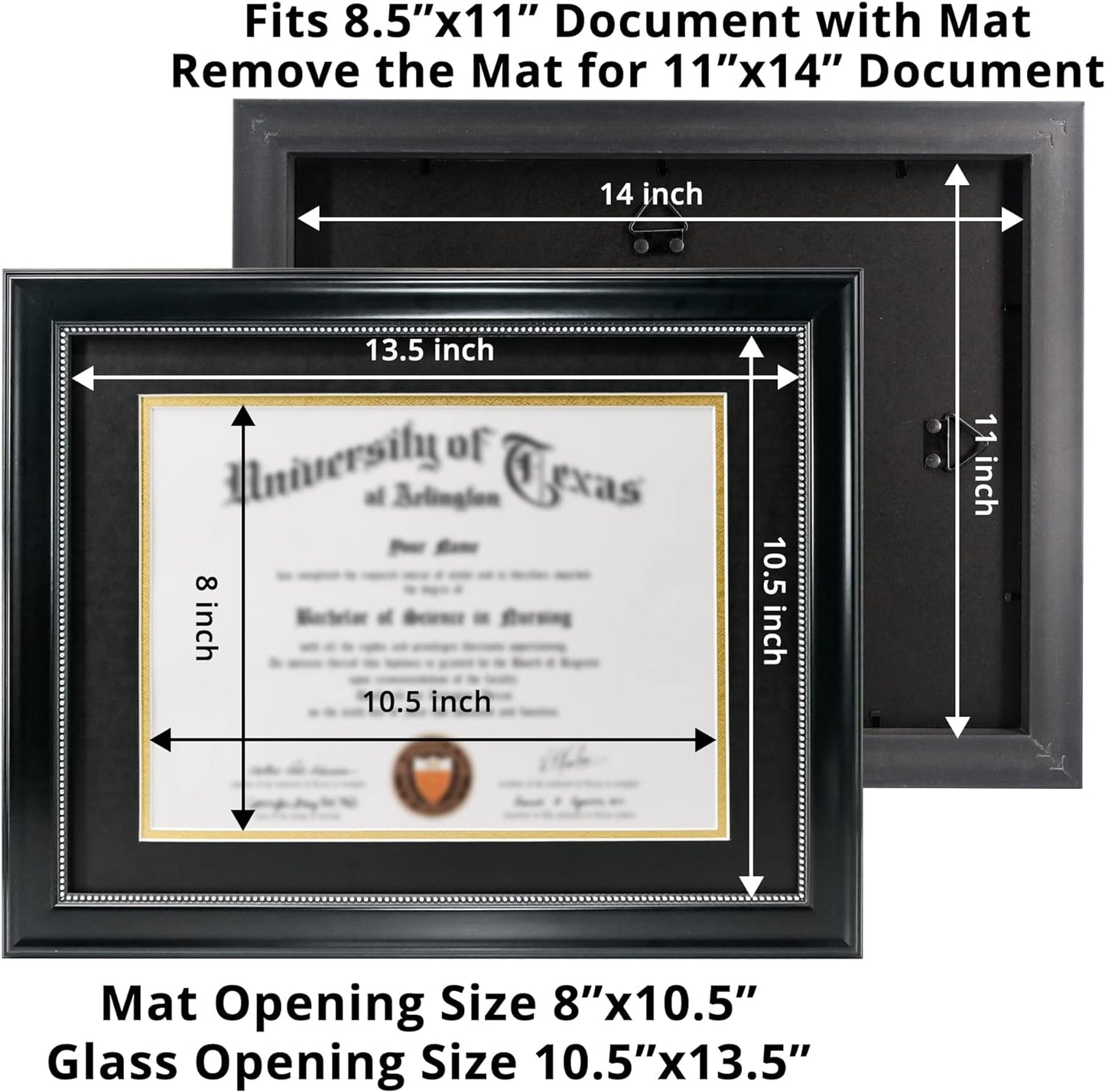 GraduationMall 8.5x11 Diploma Frame with Black over Gold Mat or Display 11x14 Document without Mat, UV Protection Acrylic, Black with Silver Beads, Set of 3