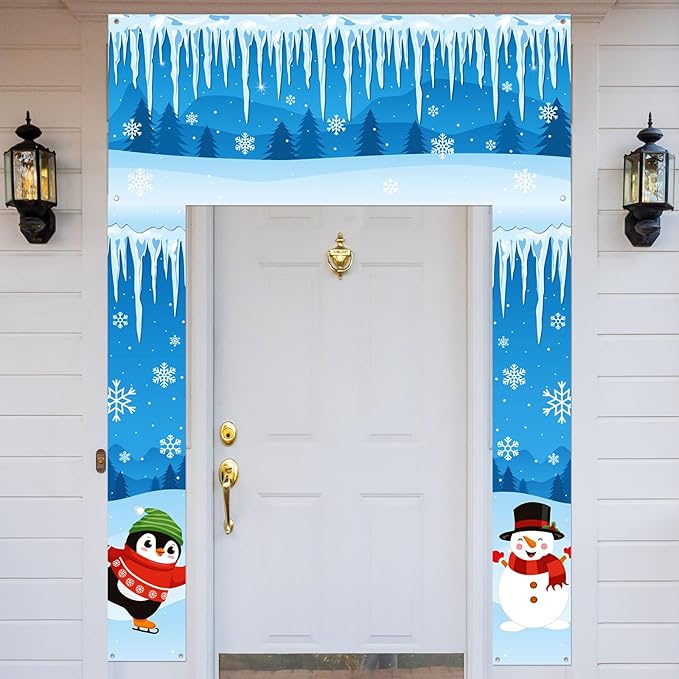 Winter Party Door Banner Classroom Door Cover Snow Wonderland Porch Decor Winter Birthday Decorations Photography Backdrop for Holiday Christmas Snowflake Party (Penguin Snowman)