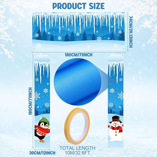Winter Party Door Banner Classroom Door Cover Snow Wonderland Porch Decor Winter Birthday Decorations Photography Backdrop for Holiday Christmas Snowflake Party (Penguin Snowman)