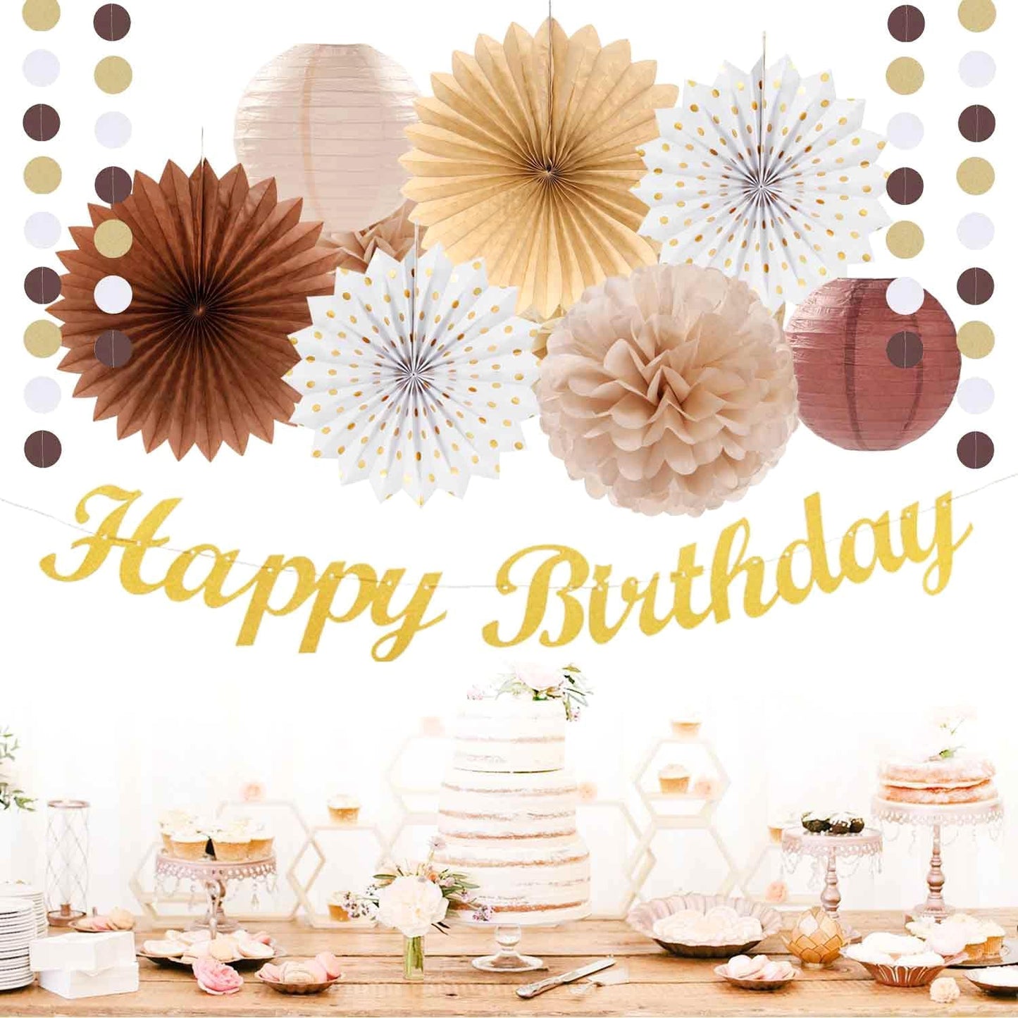 White-Brown Champagne-Gold Boho Birthday Party-Decorations - 21pcs Happy Banner,Beige Neutral Rustic Paper Lanterns Honeycomb, Hanging Streamers,Tissue Pom Poms Flower Fan,Fall Decor Supplies Huglony