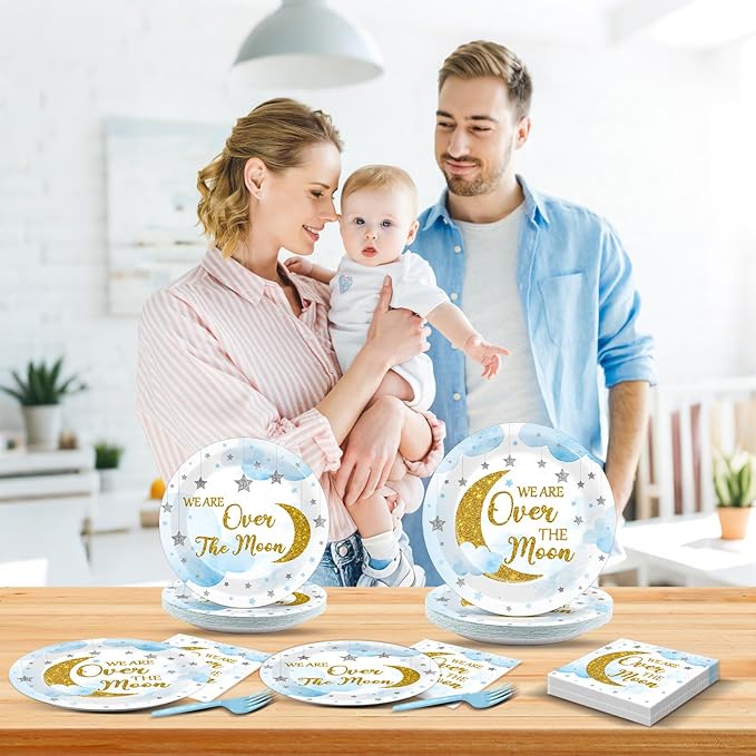 96Pcs Moon and Stars Party Paper Plates and Napkins Blue Moon Celestial Baby Shower Party Supplies Tableware Gender Reveal Little Star Birthday Disposable Plates for Birthday Gatherings Decorations