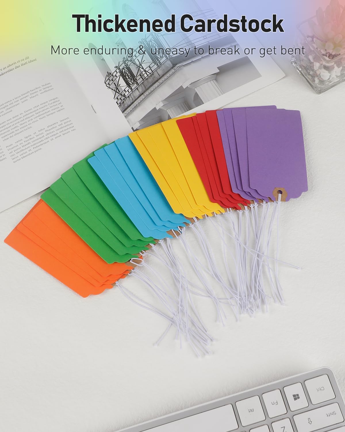 Uniclife 72 Pcs Blank Shipping Tags with Elastic String Attached Cardstock Paper Hang Tags with Reinforced Eyelet Large Marking Tags Price Tags Inventory Label Tags, Rainbow Colors (4.7" x 2.36")
