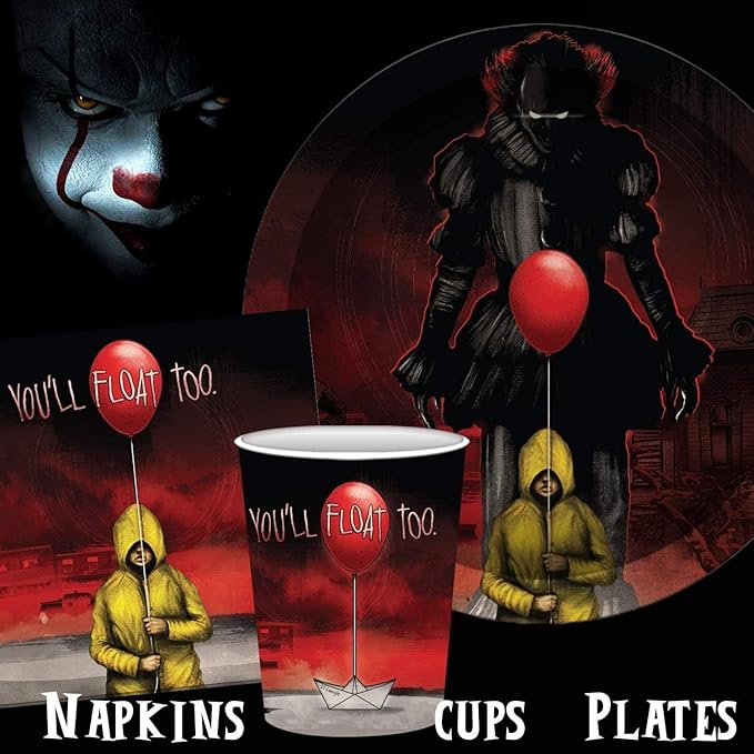 Silver Buffalo IT Pennywise the Clown 60 Pack Partyware Disposable Paper Plates, Napkins, and Cups