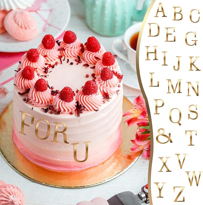 27 Pcs Acrylic Cake Toppers, Gold Cake Letters Topper, DIY Custom Cake Topper, Personalized A-Z Alphabet Decoration for Cake, Name Cupcake Toppers for Wedding Anniversary Baby Shower Birthday Party