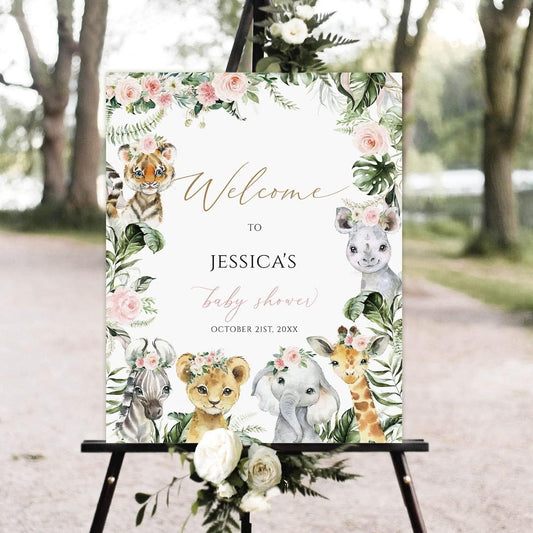 Safari Baby Shower Welcome Sign, Safari Girl Baby Shower Welcome Sign Template, Editable Baby Shower Sign, Jungle Safari Sign welcome sign