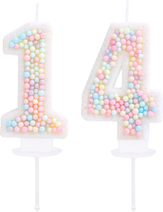 14th Birthday Candle Macaron Glitter 3D Pastel Number 14 Candles for Birthday Cakes Girl Women Sweet Theme Birthday Wedding Anniversary Party Cake Decoration