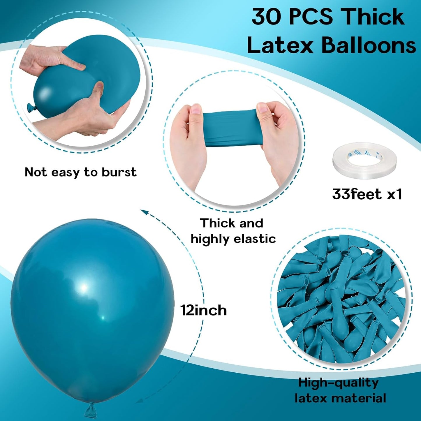 Peacock Blue Balloons, 12 Inch 30 Pcs Turquoise Blue Balloon Teal Blue Latex Balloons Matte Dark Teal Aqua Blue Helium Balloons for Birthday Baby Shower Wedding Whale Theme Party Decorations
