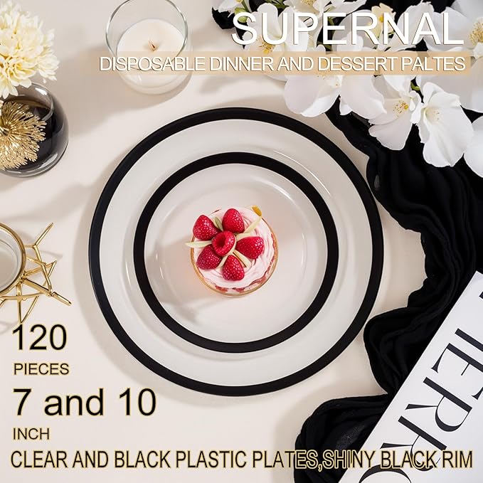 supernal Elegant Disposable Plates, 120-Pack Black Plastic Plates, Clear and Black Heavy Duty BPA-Free Plastic Dinnerware Set for 60 Guests Perfect for Wedding, Upscale Parties & Catering